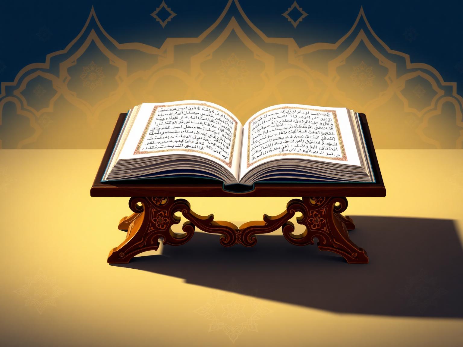 Open Quran on an ornate wooden rehl stand