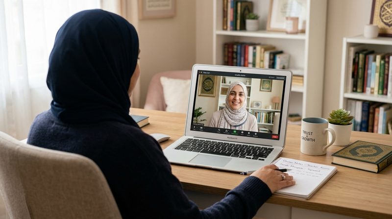 Parent choosing an online Quran teacher on a video call