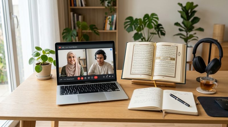 Student attending an online Quran class video call