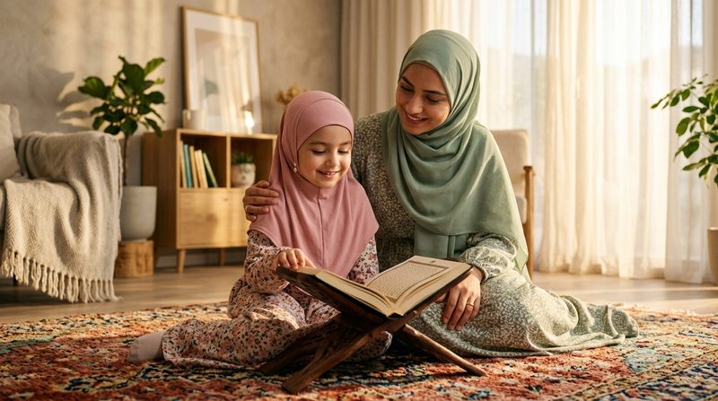 Mother and child reading Quran together at home