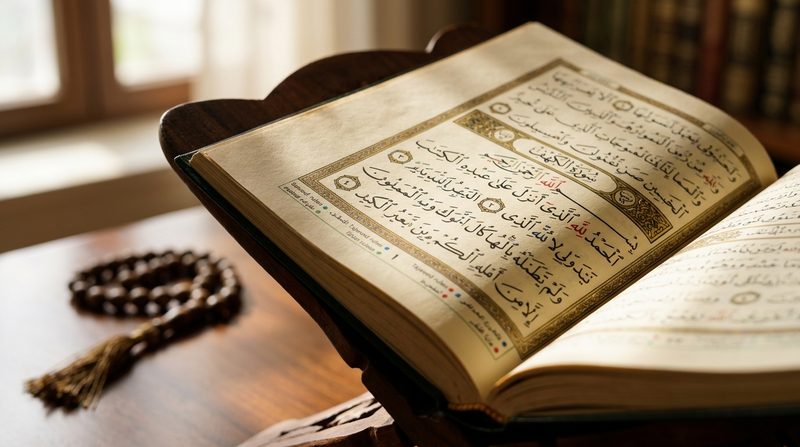 Close-up of Quran page showing Tajweed rules